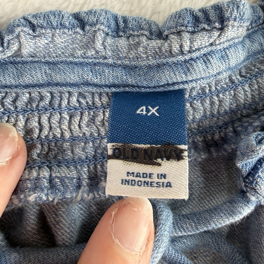 Old Navy Plus 4X Poet Blouse‎ Puff Sleeve Non Stretch Jean Ruffle Trimmed Boho - Picture 6 of 13